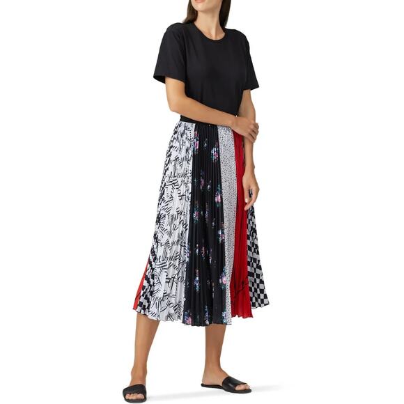 MSGM Multi Print Midi Skirt Size 38 Black Multi Pleated Striped Check Floral - Picture 1 of 11
